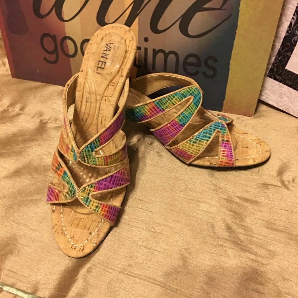 Vaneli Multi Color Leather Slides Heel Cork 9 M